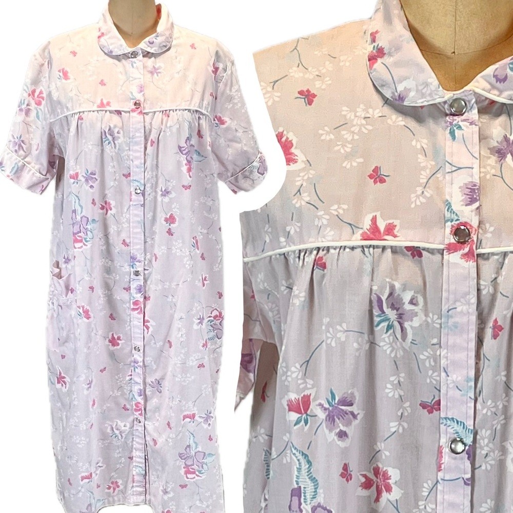 VINTAGE house dress pastel cottage floral dressing gown midi snap front robe 80s